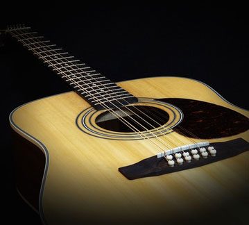 Close-up of an acoustic guitar body and strings