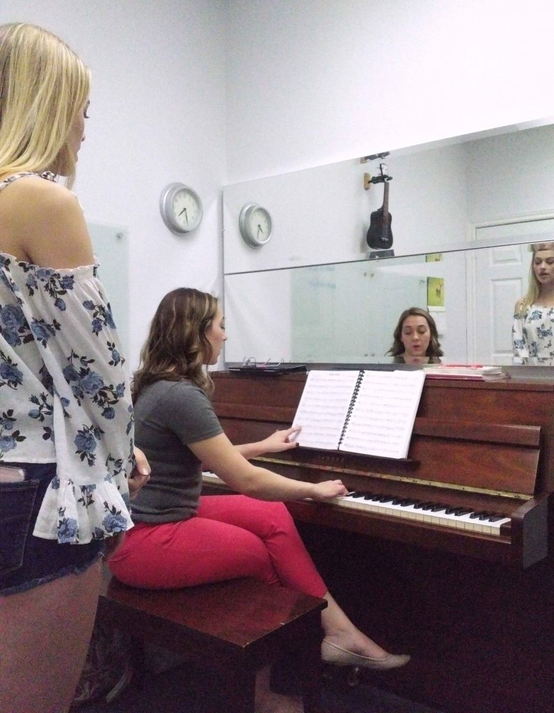 Two adult students rehearsing a duet at the piano with their voice teacher during an audition coaching session