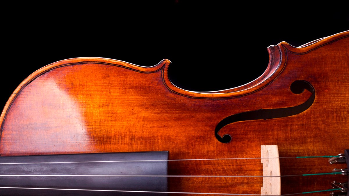 Close-up of a violin body, f-hole and bridge lit against a dark background
