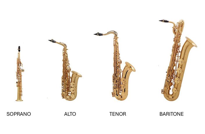 The four main saxophone types shown side by side in order of size: soprano, alto, tenor, and baritone