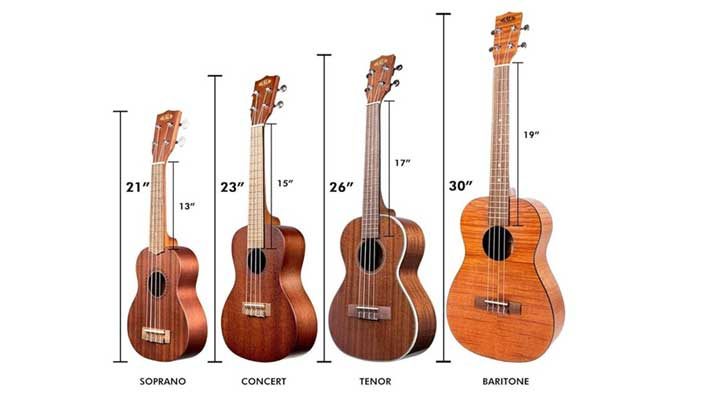 Four ukuleles shown side by side by size: soprano, concert, tenor, and baritone