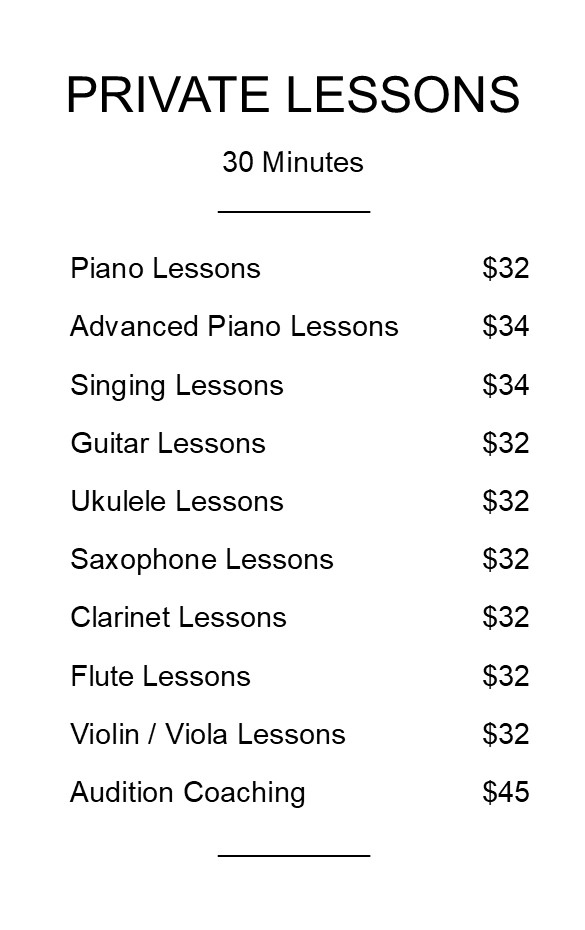 Price list for music lessons in Mississauga